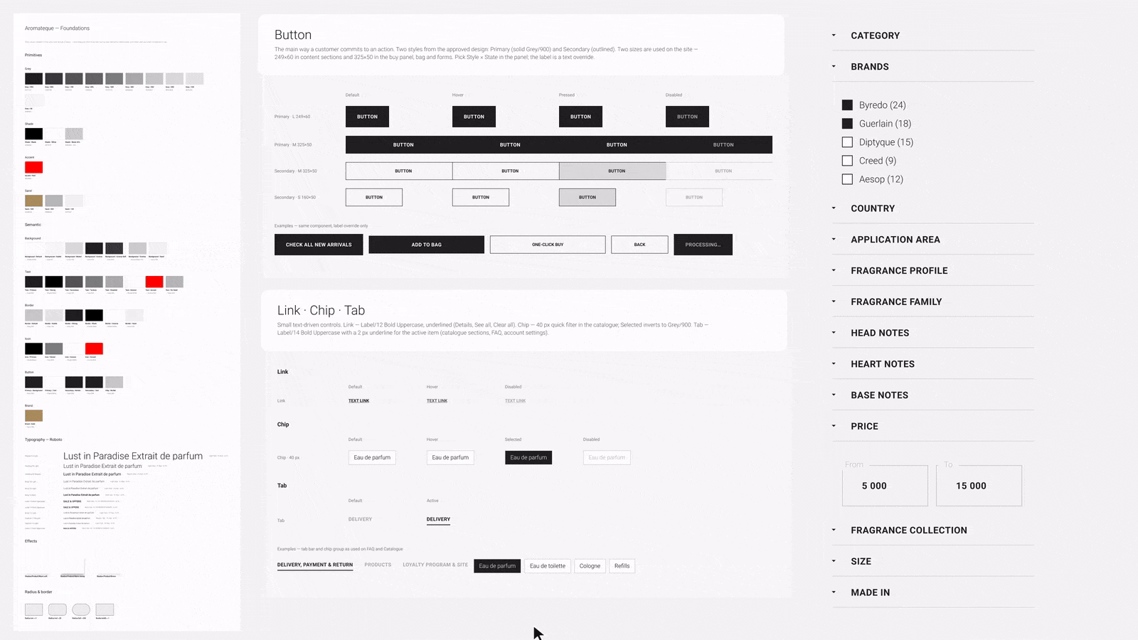 The UI kit in motion: the cursor moves across every button, link, chip and tab, showing hover, pressed and selected states, then down the filter panel — row hovers, brand checkboxes, focused price inputs