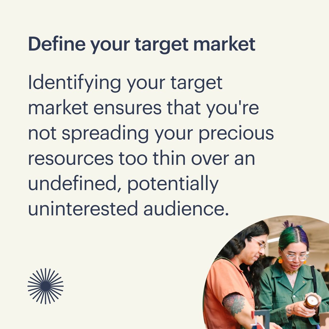 LinkedIn carousel slide: Define your target market, with a photo of two shop owners