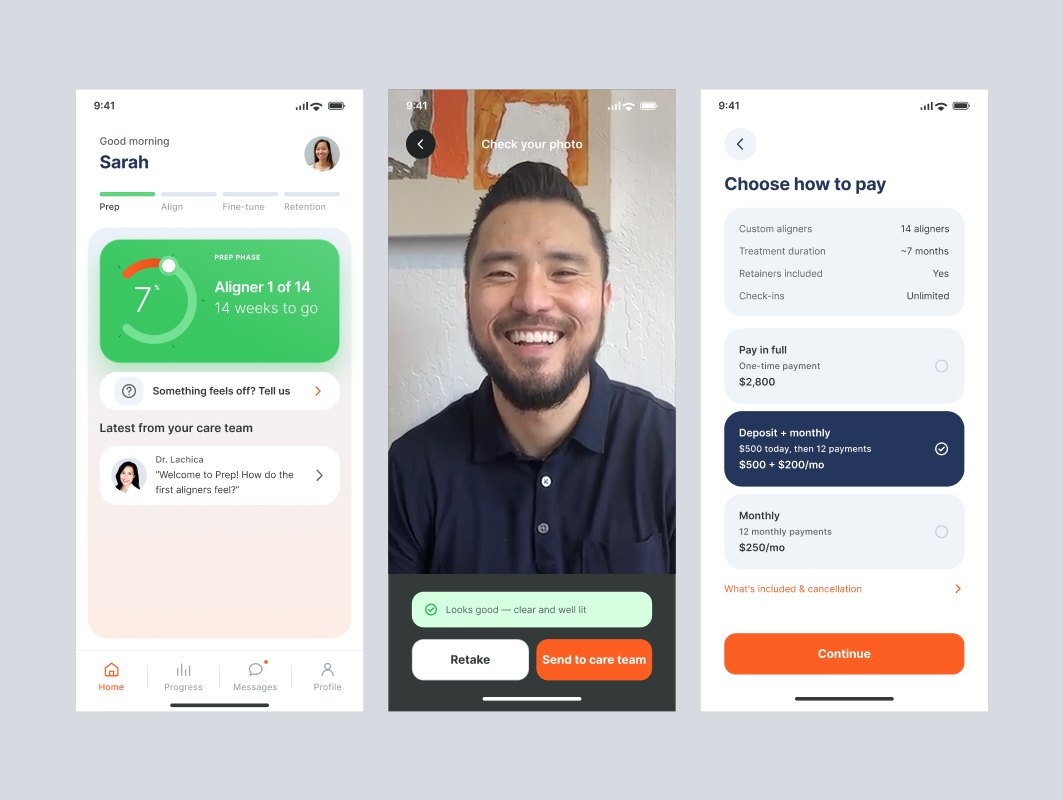 After: the redesign — Home with aligner progress, photo quality check, choose how to pay